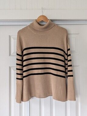 GAP 100% Cotton Tan/Black Striped Turtleneck Sweater Fall Winter Preppy Medium